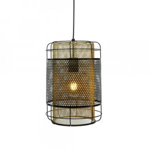 Suspension grand mod&egrave;le en m&eacute;tal grillag&eacute; noir et cuivr&eacute;