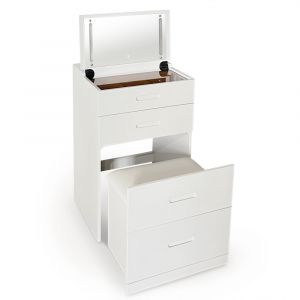 Coiffeuse compacte 48cm avec miroir led, tiroir et pouf int&eacute;gr&eacute; blanc