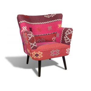 Fauteuil en kilim brod&eacute; main et pieds en bois noir