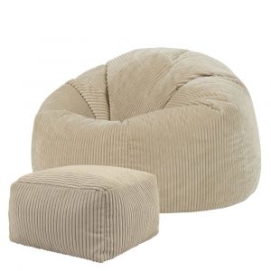 Pouf avec repose-pied carr&eacute; velours c&ocirc;tel&eacute; beige galet