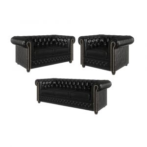 Ensemble de canap&eacute;s Chesterfield 3+2+1 fonction lit, cuir v&eacute;gan noir