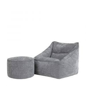 Pouf fauteuil et repose-pied rond en tissu chenille textur&eacute; gris