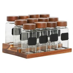 Set de 12 pots à épices en verre et support en bois 20.5x16.5x13cm