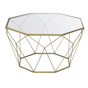 Table basse en m&eacute;tal coloris laiton et verre D80