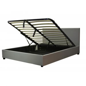 Lit coffre avec t&ecirc;te de lit en simili cuir gris 180x200 cm