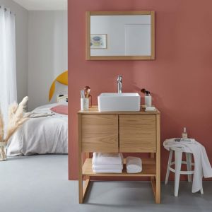 Meuble sous vasque plaqu&eacute; ch&ecirc;ne naturel  70cm + vasque + miroir carr&eacute;