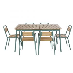 Ensemble table et chaises en aluminium bleu canard et bois d'eucalyptus massif de jardin