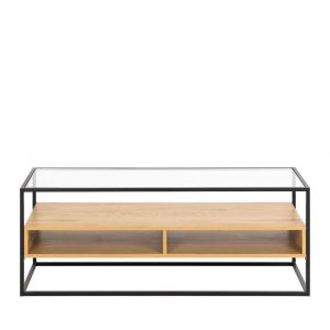 Meuble TV en verre, bois et m&eacute;tal L120cm - Bois clair