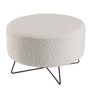 Pouf rond tissu bouclette blanc pieds crois&eacute;s m&eacute;tal noir
