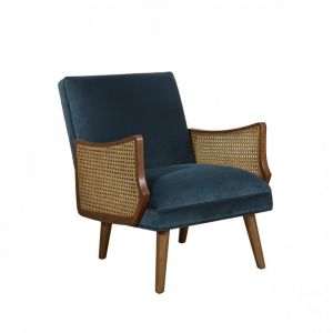 Fauteuil en h&eacute;v&eacute;a, cannage et velours bleu paon
