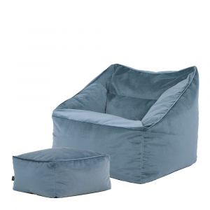 Pouf fauteuil avec repose-pied carr&eacute; velours bleu min&eacute;ral