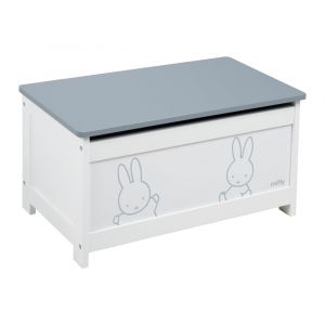 Coffre &agrave; jouets en bois blanc, motif lapin gris