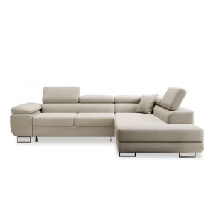 Canap&eacute; d'angle droit convertible 6 places en tissu beige