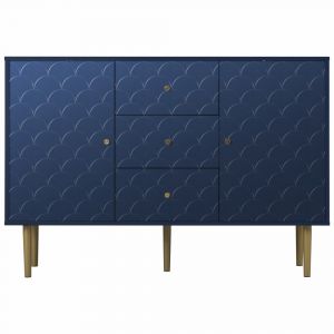 Buffet de cuisine bleu sculpt&eacute; avec tiroirs et portes dor&eacute;es