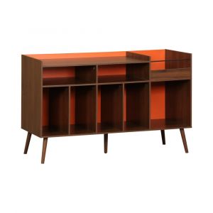 Meuble vinyle vintage bicolore d&eacute;cor bois et orange 130cm