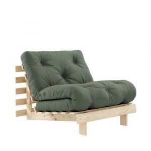 Fauteuil convertible 90x200cm en bois naturel et tissu - Vert olive