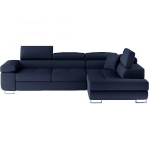 Canap&eacute; d'angle droit convertible simili cuir 5 places, bleu fonc&eacute;