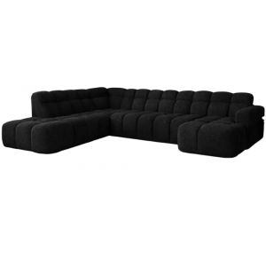 Canap&eacute; d&rsquo;angle panoramique 6 &agrave; 7 places en tissu bouclettes noir