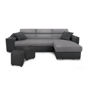 Canap&eacute; d'Angle Convertible en Microfibre et Simili avec poufs - Gris