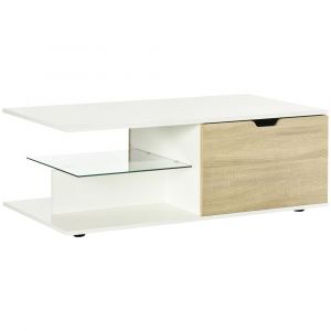 Table basse 2 tiroirs 2 niches &eacute;tag&egrave;re verre blanc aspect ch&ecirc;ne clair