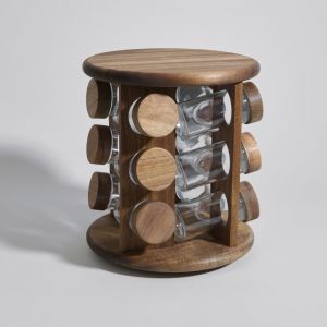 Epicier tournant en bois d'acacia et 12 pots en verre