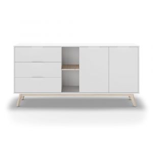 Buffet 2 portes, 2 niches, 3 tiroirs blanc et pin massif - L165 cm