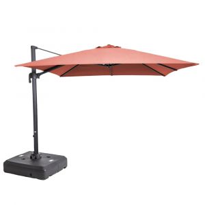Parasol 3x3 m inclinable + pied &agrave; lester sur roues terracotta