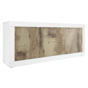 Buffet  3 portes finition blanc laqué et aspect bois antik