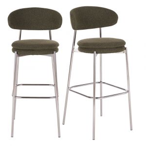 Chaises hautes de bar en acier chrom&eacute; et bouclettes vert kaki (x2) H78