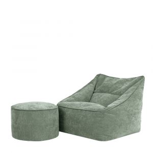 Pouf fauteuil et repose-pied rond en tissu chenille textur&eacute; vert sauge