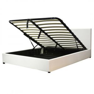 Lit coffre avec t&ecirc;te de lit en simili cuir blanc 140x190 cm