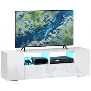 Meuble TV banc TV LED 2 &eacute;tag&egrave;res placards blanc laqu&eacute;