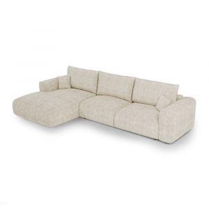 Canap&eacute; angle gauche convertible express 5 places velours c&ocirc;tel&eacute; cr&egrave;me