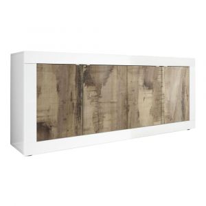 Buffet  4 portes finition blanc laqué et aspect bois antik