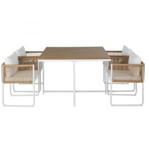 Table de jardin en composite imitation teck 4 personnes L110 et fauteuils encastrables (x4) en r&eacute;sine recycl&eacute;e imitation rotin
