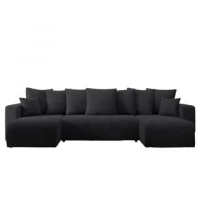 Canap&eacute; d&rsquo;angle panoramique 6 places en tissu anti t&acirc;che noir