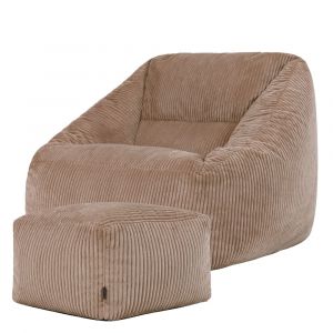 Pouf fauteuil avec repose-pied carr&eacute; velours c&ocirc;tel&eacute; brun moka