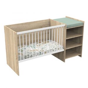 Lit b&eacute;b&eacute; combin&eacute; &eacute;volutif en d&eacute;cor bois avec commode &agrave; langer &eacute;tag&egrave;re