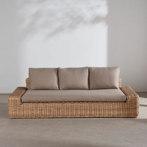 Canap&eacute; de jardin 3/4 places en r&eacute;sine tress&eacute;e recycl&eacute;e imitation rotin et coussins en polyester recycl&eacute; taupe