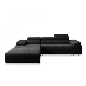 Canap&eacute; d'angle gauche convertible 6 places en velours c&ocirc;tel&eacute; noir