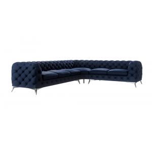Canap&eacute; d&rsquo;angle Chesterfield en velours, pieds en m&eacute;tal argent&eacute;, bleu
