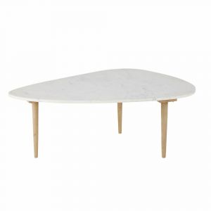 Table basse ovo&iuml;de en marbre blanc et manguier massif L100