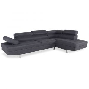 Canapé d'angle droit avec têtières relevables 5 places en tissu gris