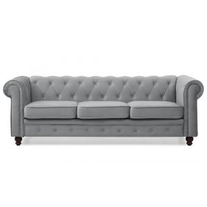 Grand canap&eacute; 3 places chesterfield velours argent