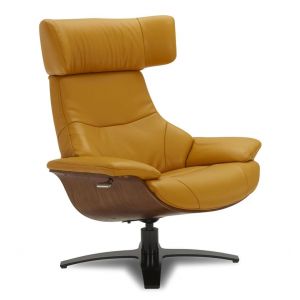 Fauteuil relax  en cuir jaune et ch&ecirc;ne naturel