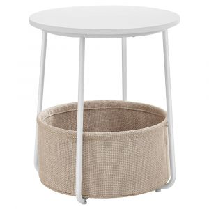 Petite table basse ronde avec panier tissu effet bois bleu poudré