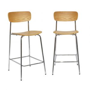 Tabouret de bar vintage effet fr&ecirc;ne et pieds m&eacute;tal chrom&eacute; (lot de 2)
