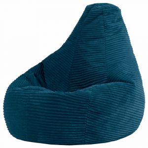 Pouf poire enfant &agrave; dossier haut velours c&ocirc;tel&eacute; bleu canard