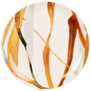 Assiette plate en c&eacute;ramique blanche motifs jaunes, marron, verts