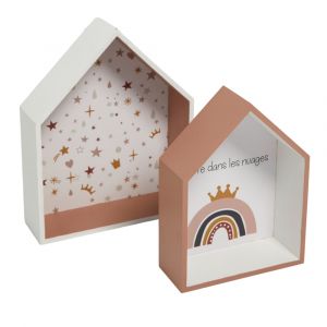Lot de 2 &eacute;tag&egrave;res murales forme maison  20x8x27 cm Blanc